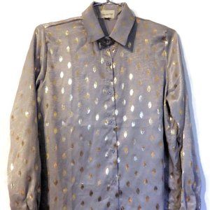 NWT LALA Factory Silky Gray Button Front Blouse Metallic Gold Dots Size LARGE